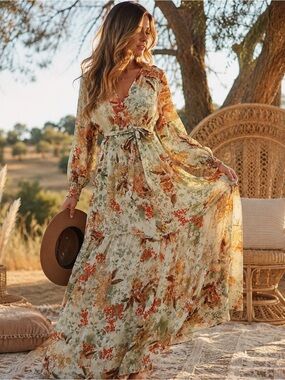 New Light Floral Bird Print Belted Maxi Dress Size 2 Lined Cottagecore Boho